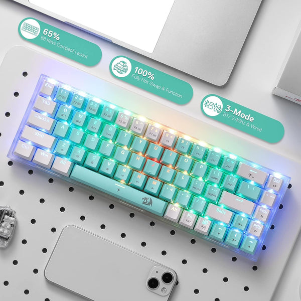Castro Pro K631 Pro - 65% Bluetooth + 2.4 GHZ Wireless+ Wired Mechanical Keyboard White and Green (Custom Switch)