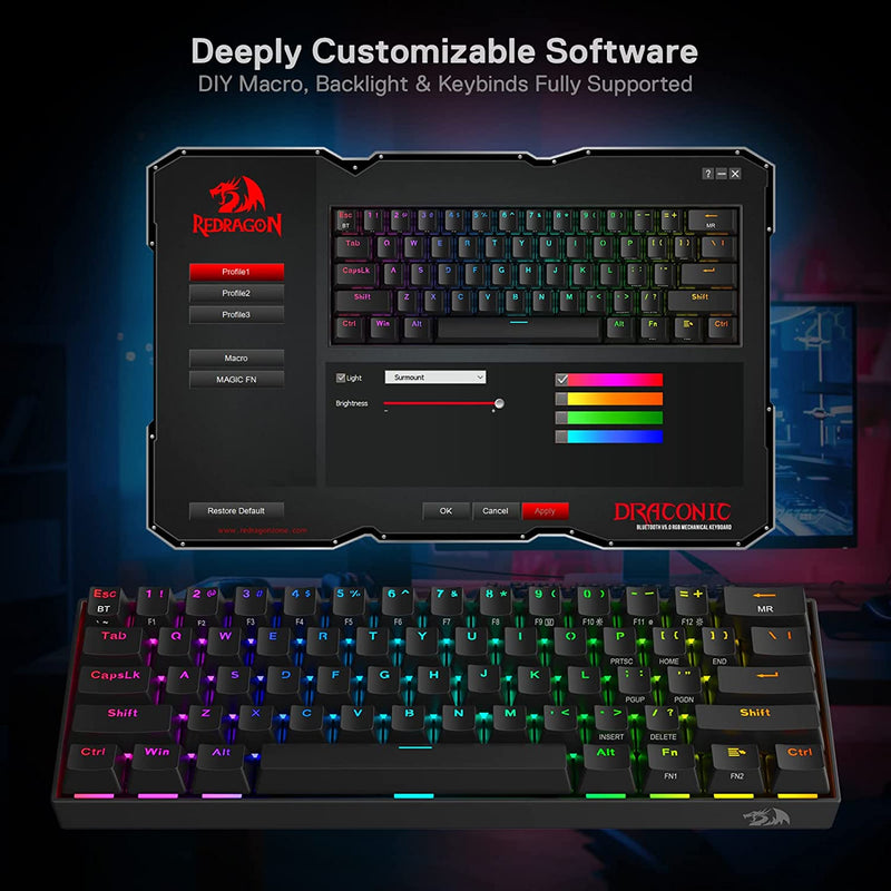 Draconic Pro K530 PRO - 60% Bluetooth+24.Ghz+Wired Mechanical Keyboard (Red Switch)